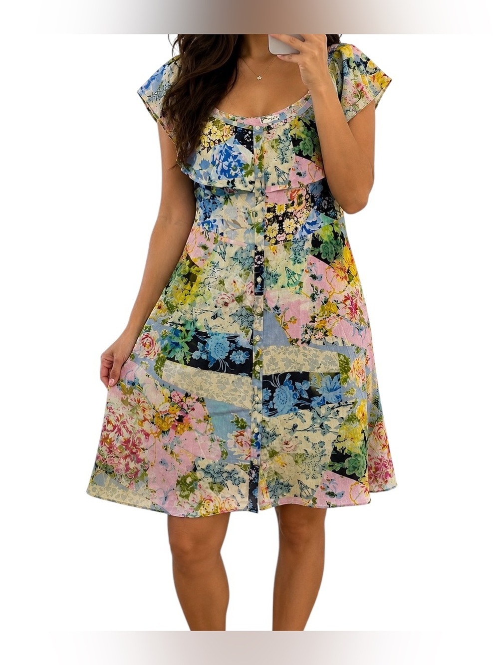 Magazine NWT Floral Patchwork Ruffle Button Front Dress Boho Medium